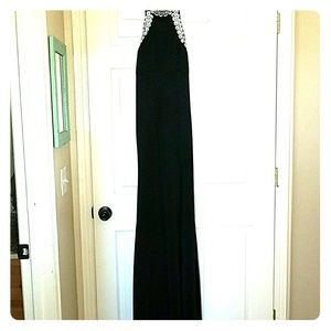Black Halter Top Rhinestone Accented Evening Gown
